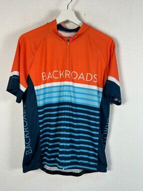 LOUIS GARNEAU Womens Backroads Cycling Jersey Orange Blue Striped Full Zip XL